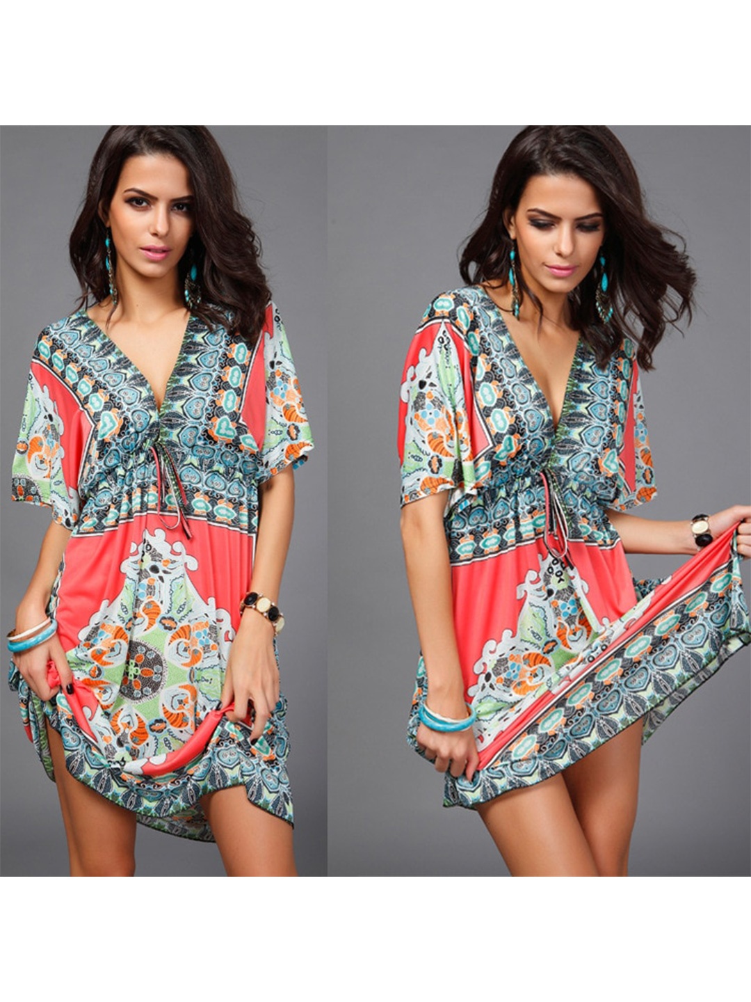 

La Aimee Red & Grey V-Neck Tribal A-Line Dress
