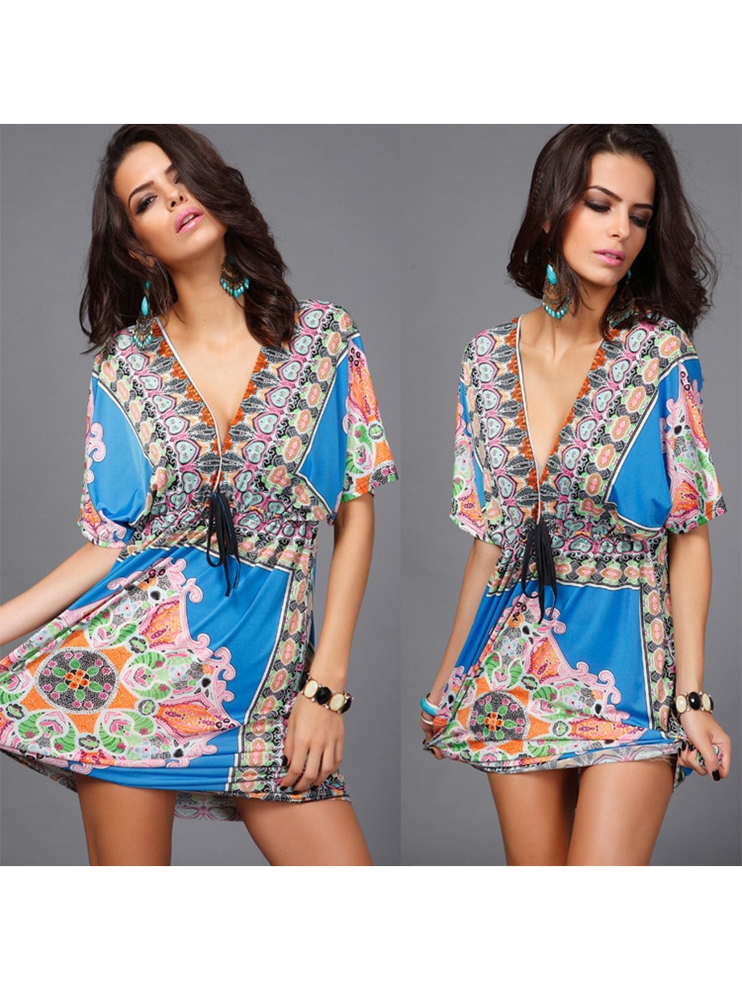 

La Aimee Blue Ethnic Motifs Kaftan Mini Dress