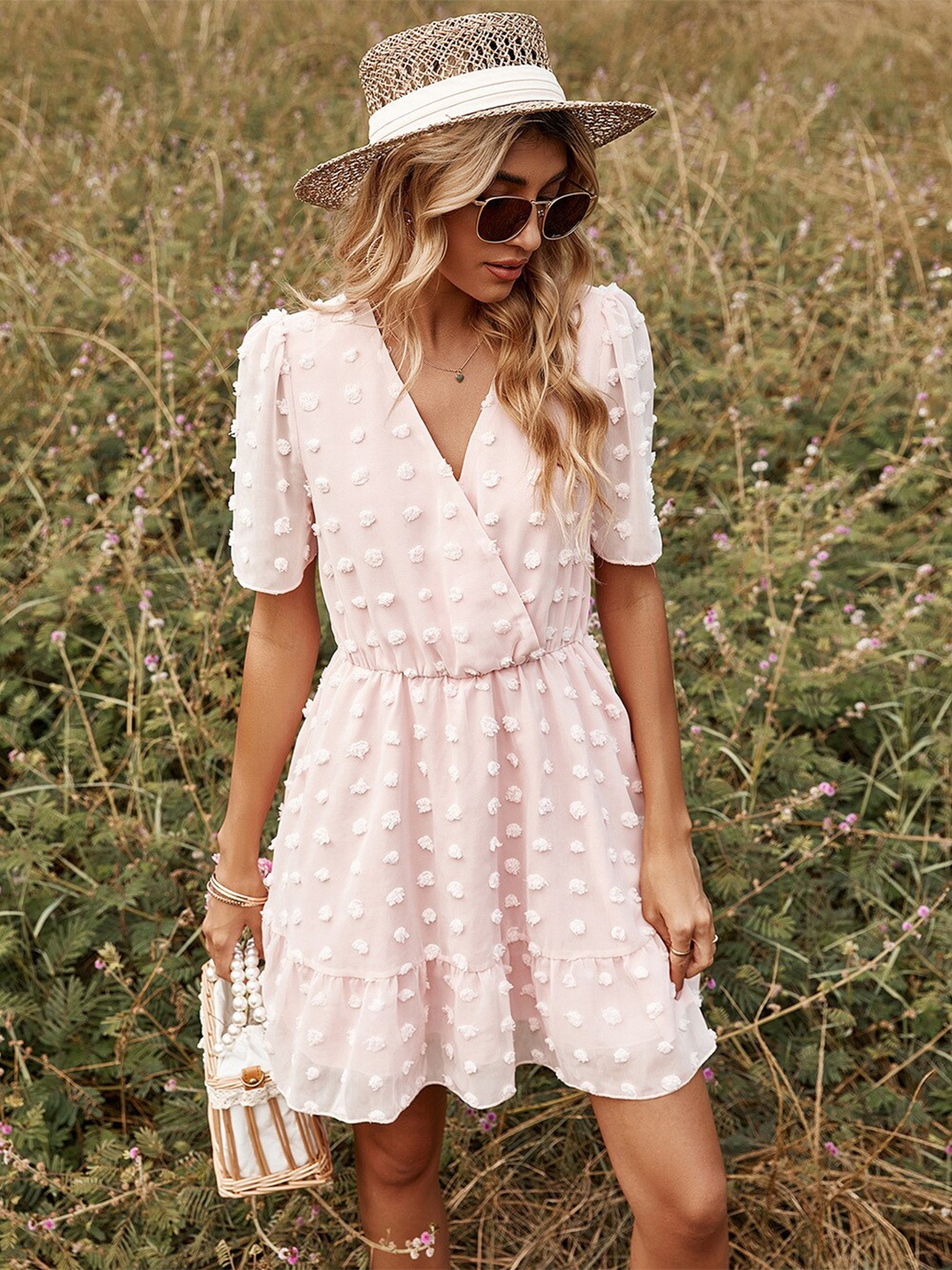 

La Aimee Pink Self Design Puff Sleeves Fit & Flare Dress