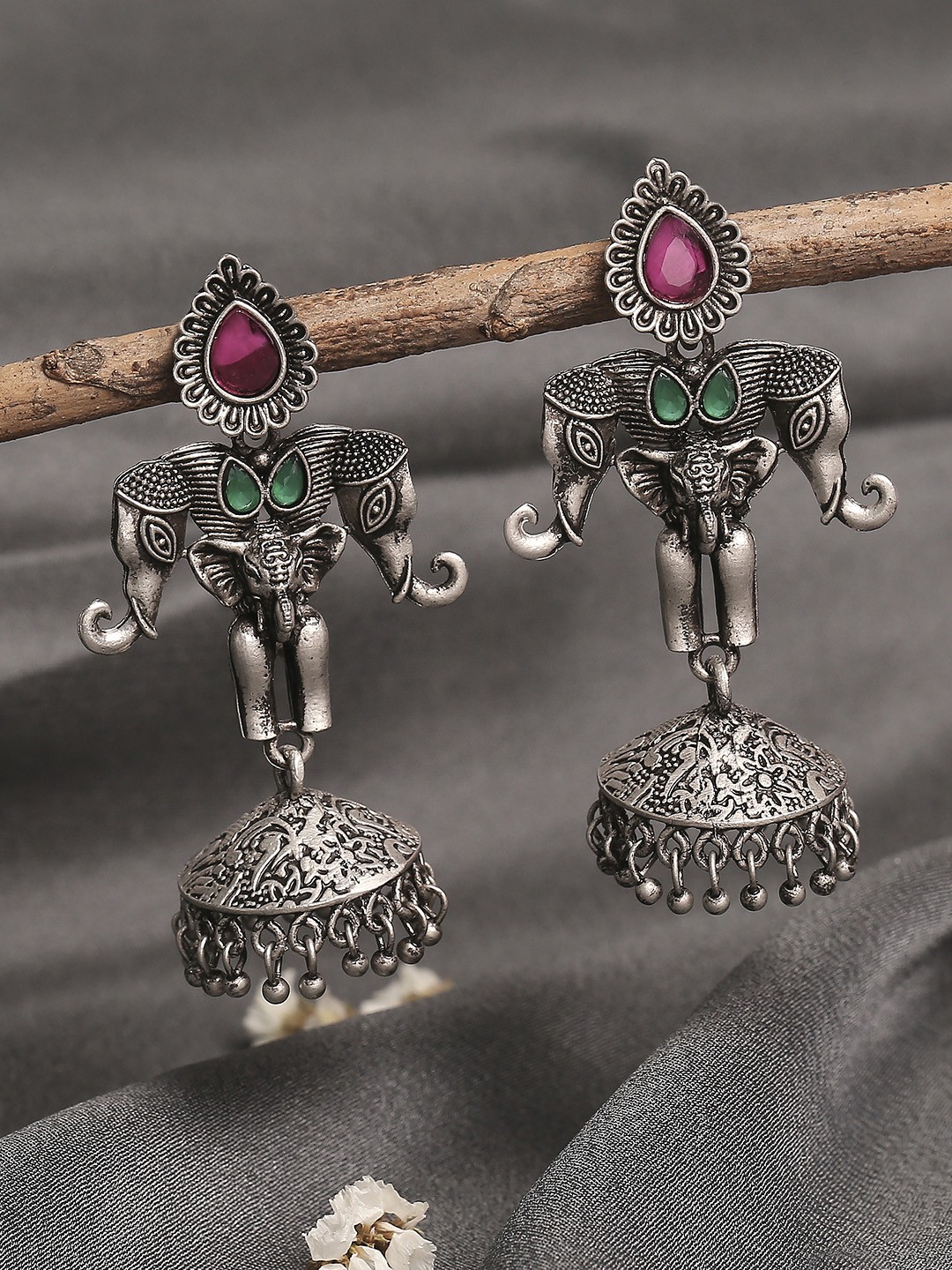 

OOMPH Silver-Toned & Red Elephant Design Jhumkas Earrings