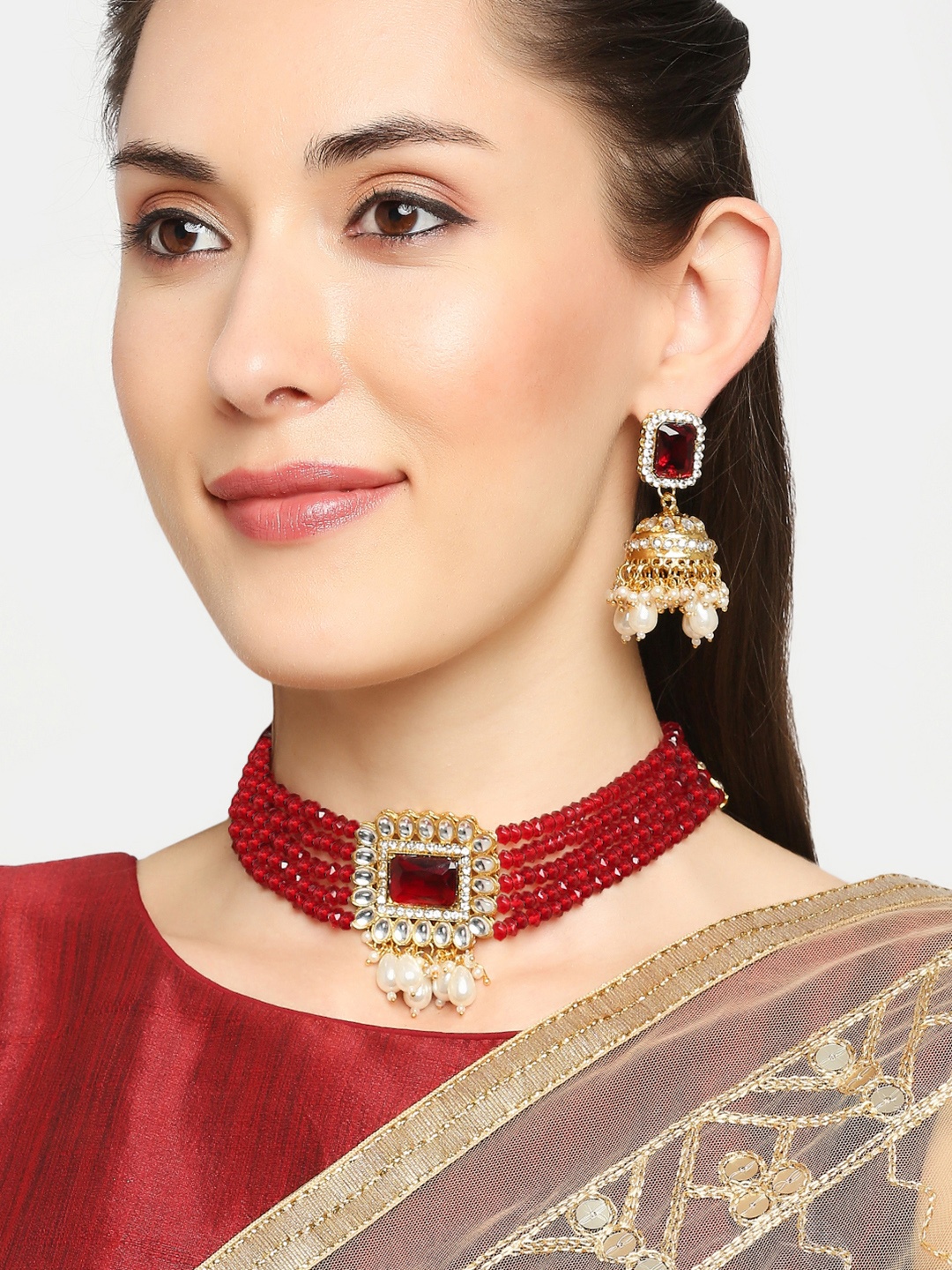 

OOMPH Gold-Plated Maroon Kundan Studded Jewellery Set
