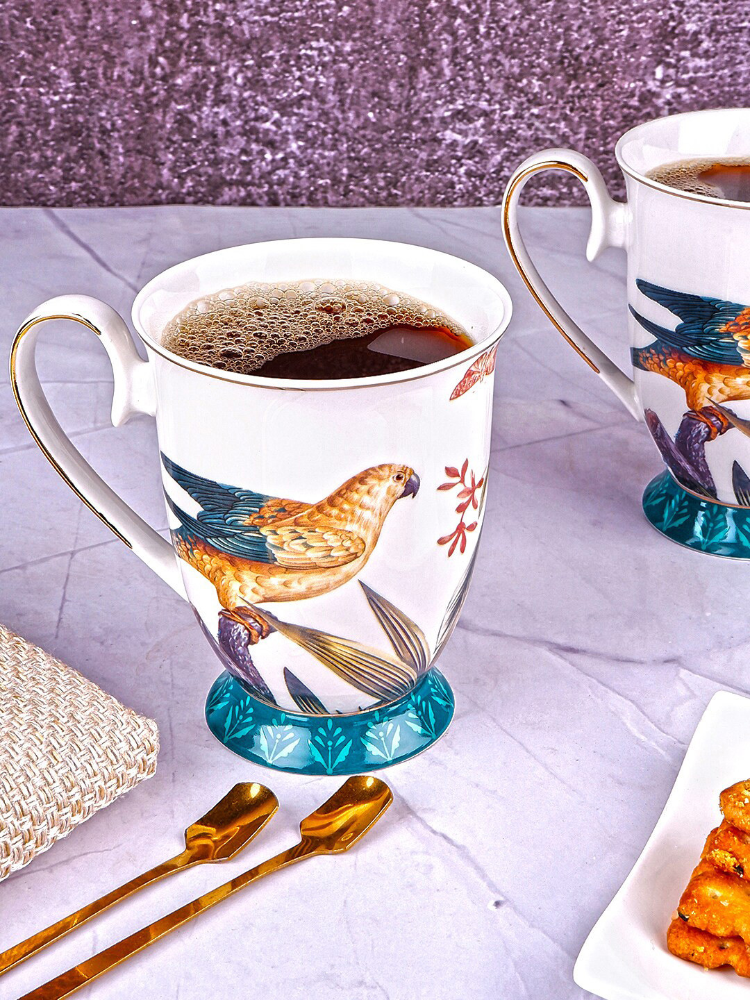 

THE WHITE INK DECOR Set Of 2 White Printed Ceramic Mugs