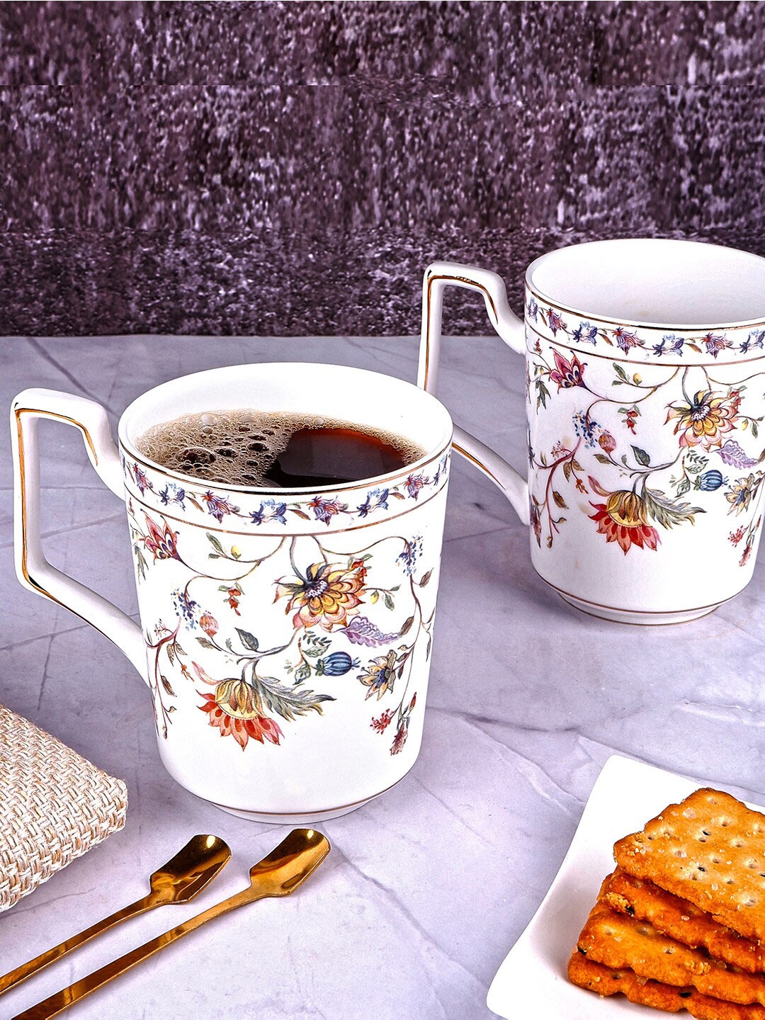 

THE WHITE INK DECOR Set Of 2 White Printed Ceramic Mugs