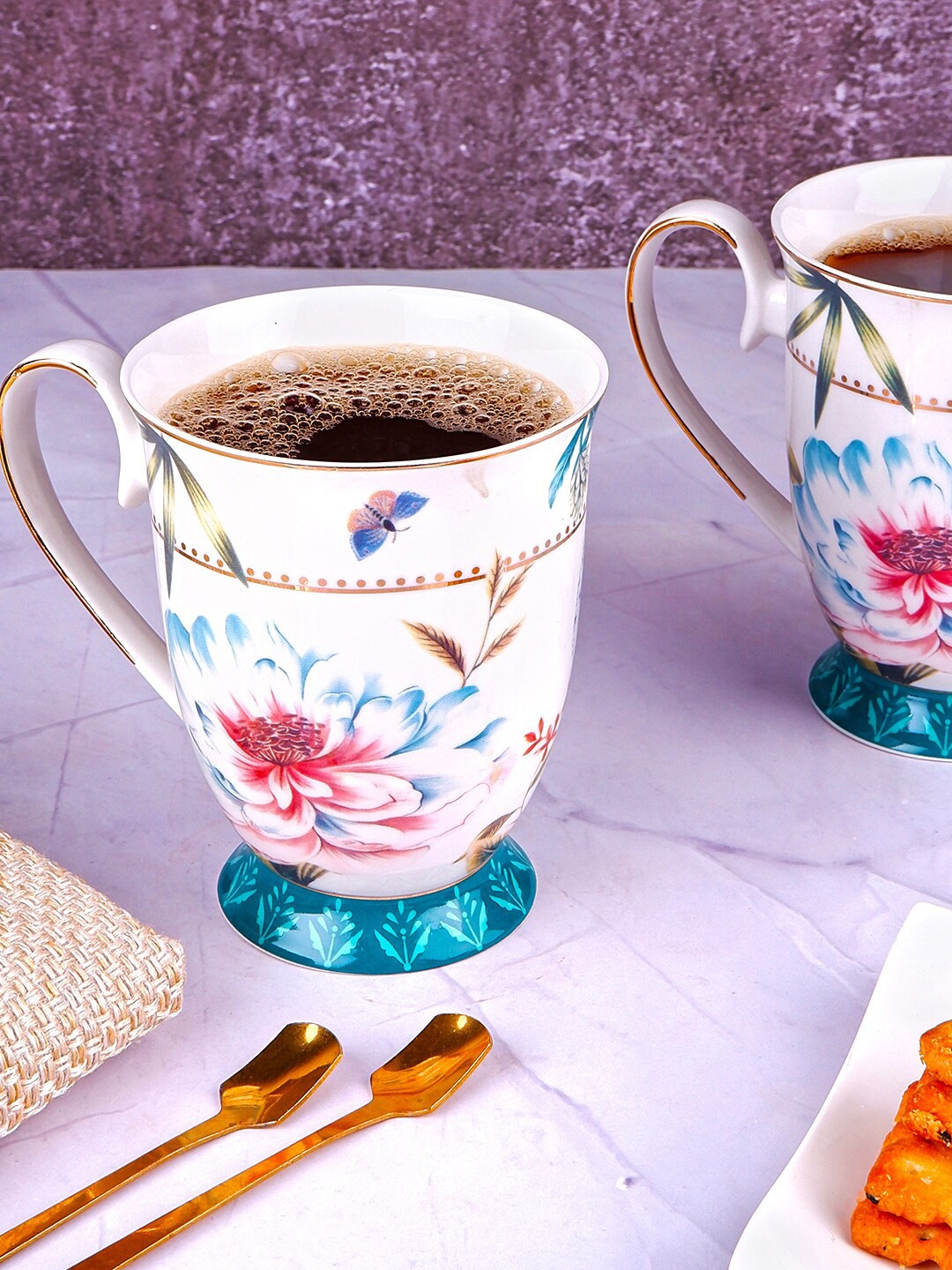 

THE WHITE INK DECOR Set of 2 White & Blue Floral Printed Ceramic Glossy Mugs