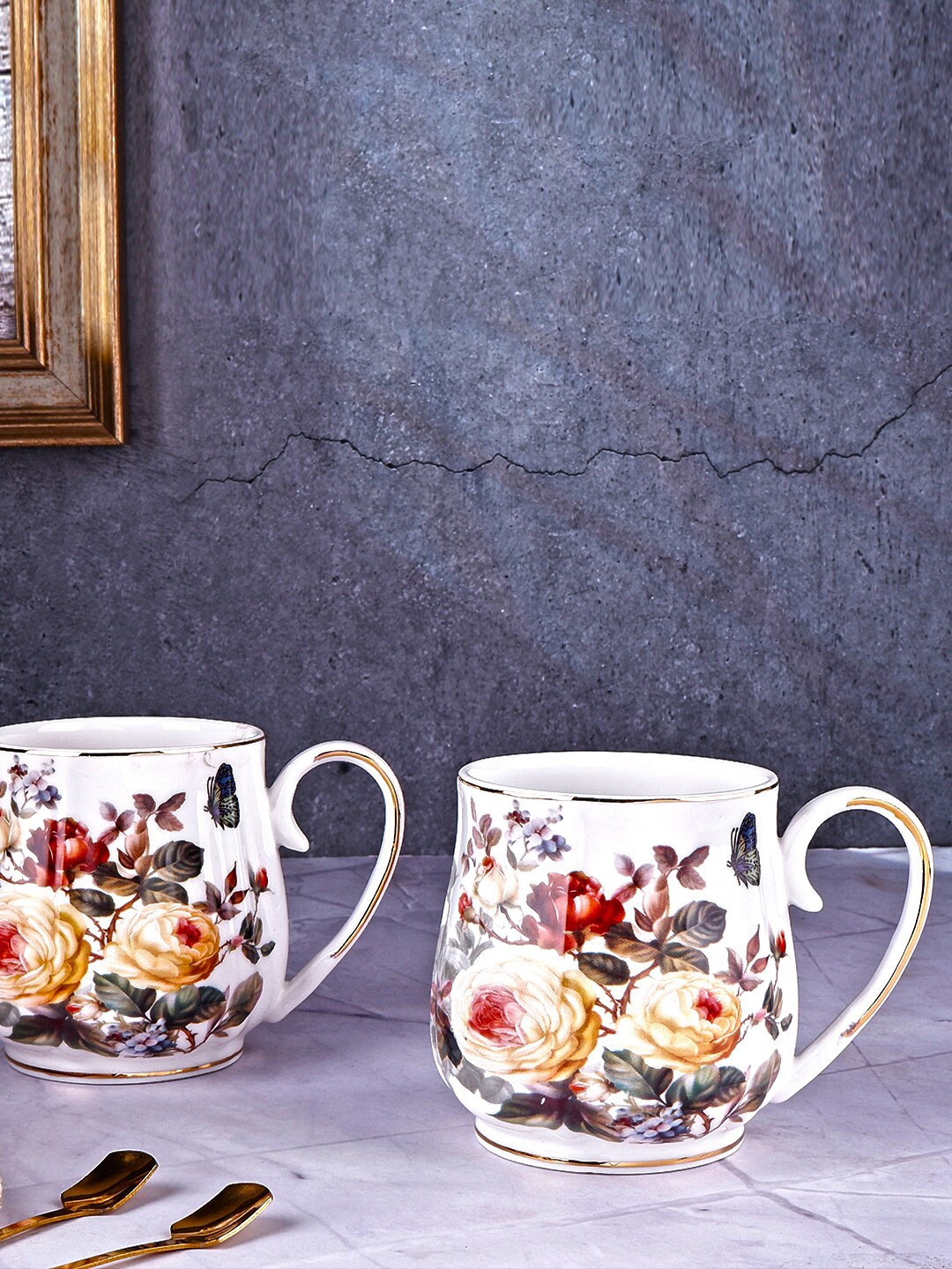 

THE WHITE INK DECOR Set of 2 White Printed Ceramic Glossy Mugs