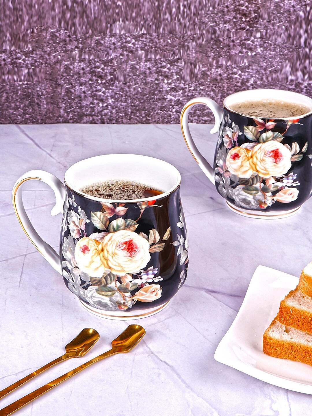 

THE WHITE INK DECOR Black & Yellow Set Of 2 Printed Ceramic Glossy Mugs