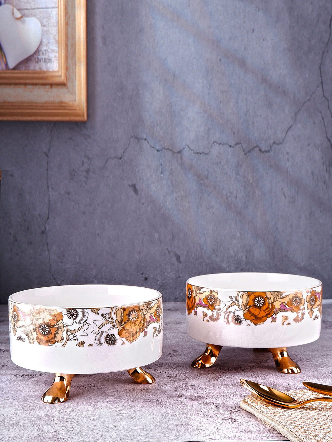 

THE WHITE INK Set Of 2 White & Brown Printed Ceramic Bowls
