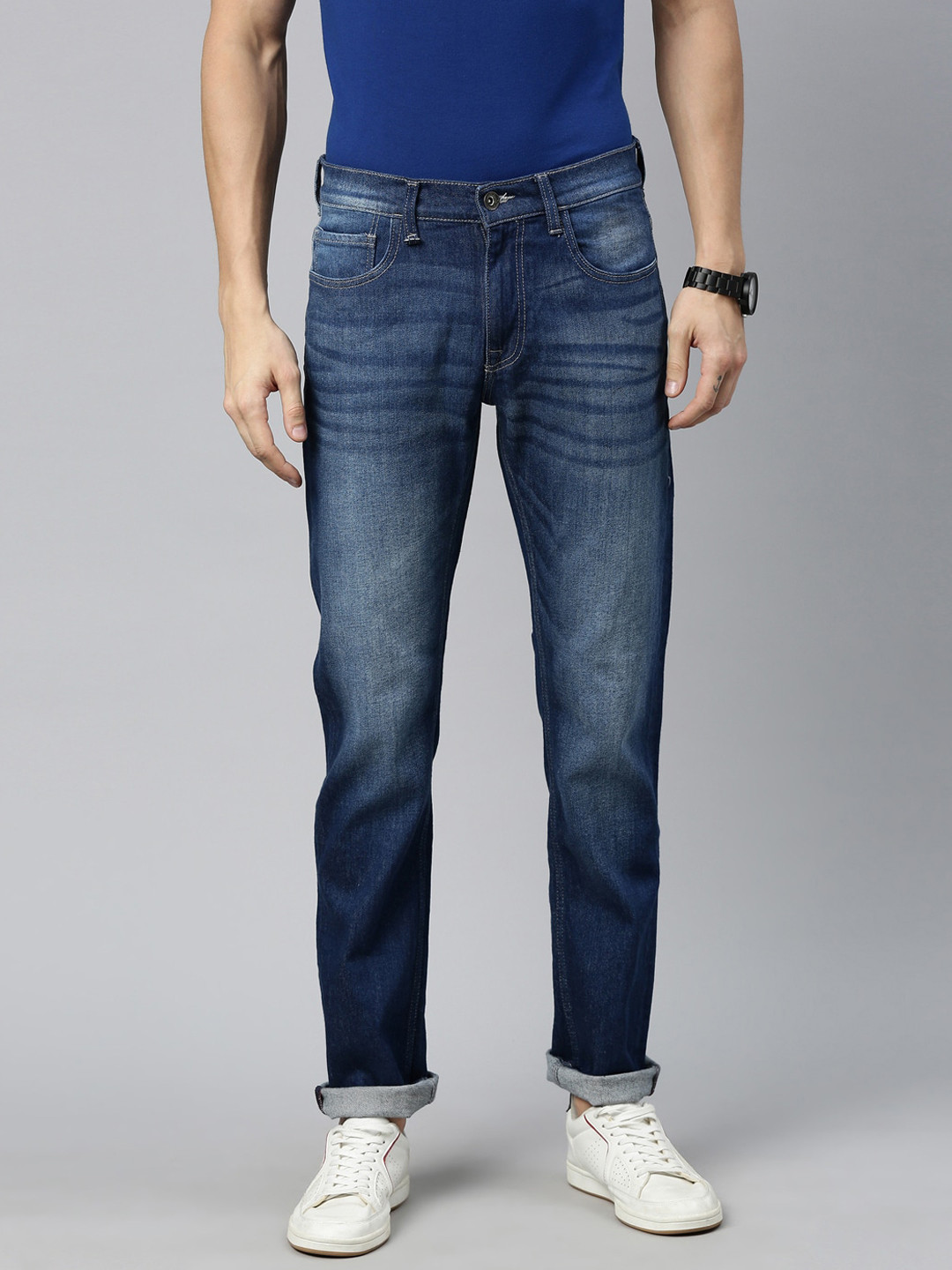 

American Bull Men Blue Slim Fit Low Distress Light Fade Stretchable Jeans