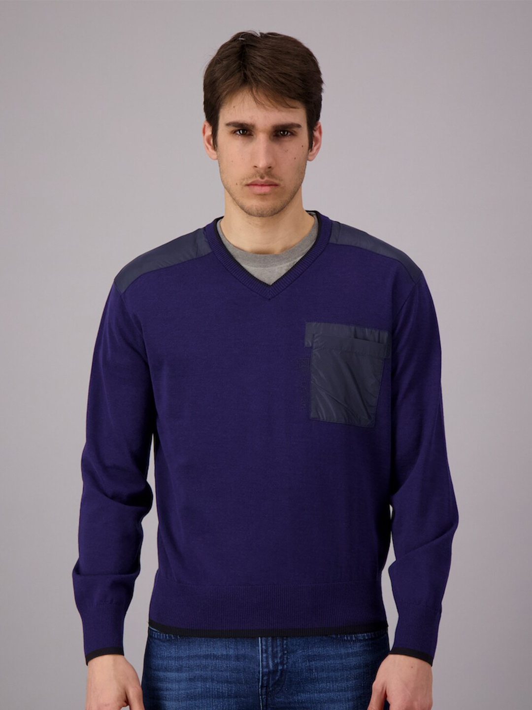 

FREESOUL Men Blue V Neck Pullover