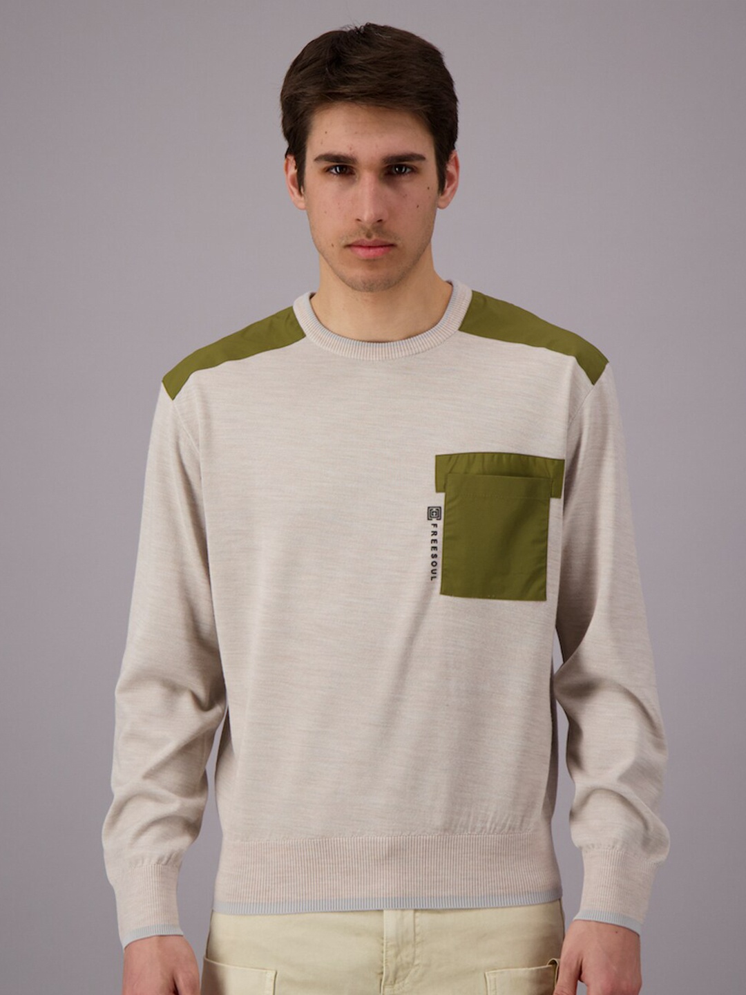 

FREESOUL Men Beige & Green Pullover