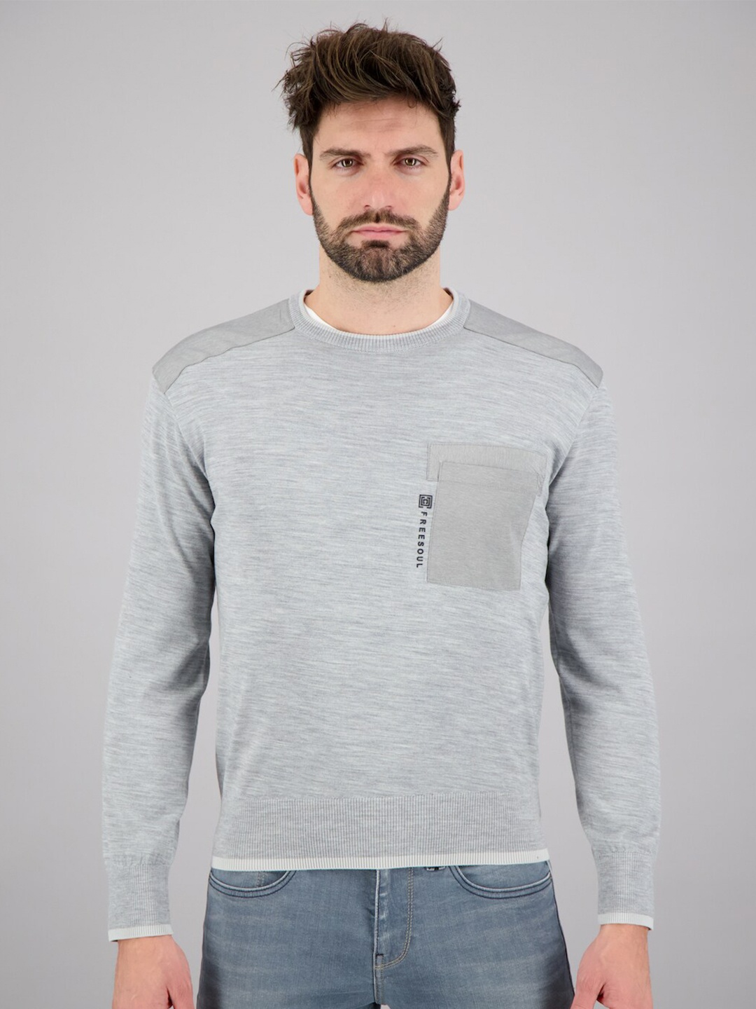 

FREESOUL Men Grey Pullover