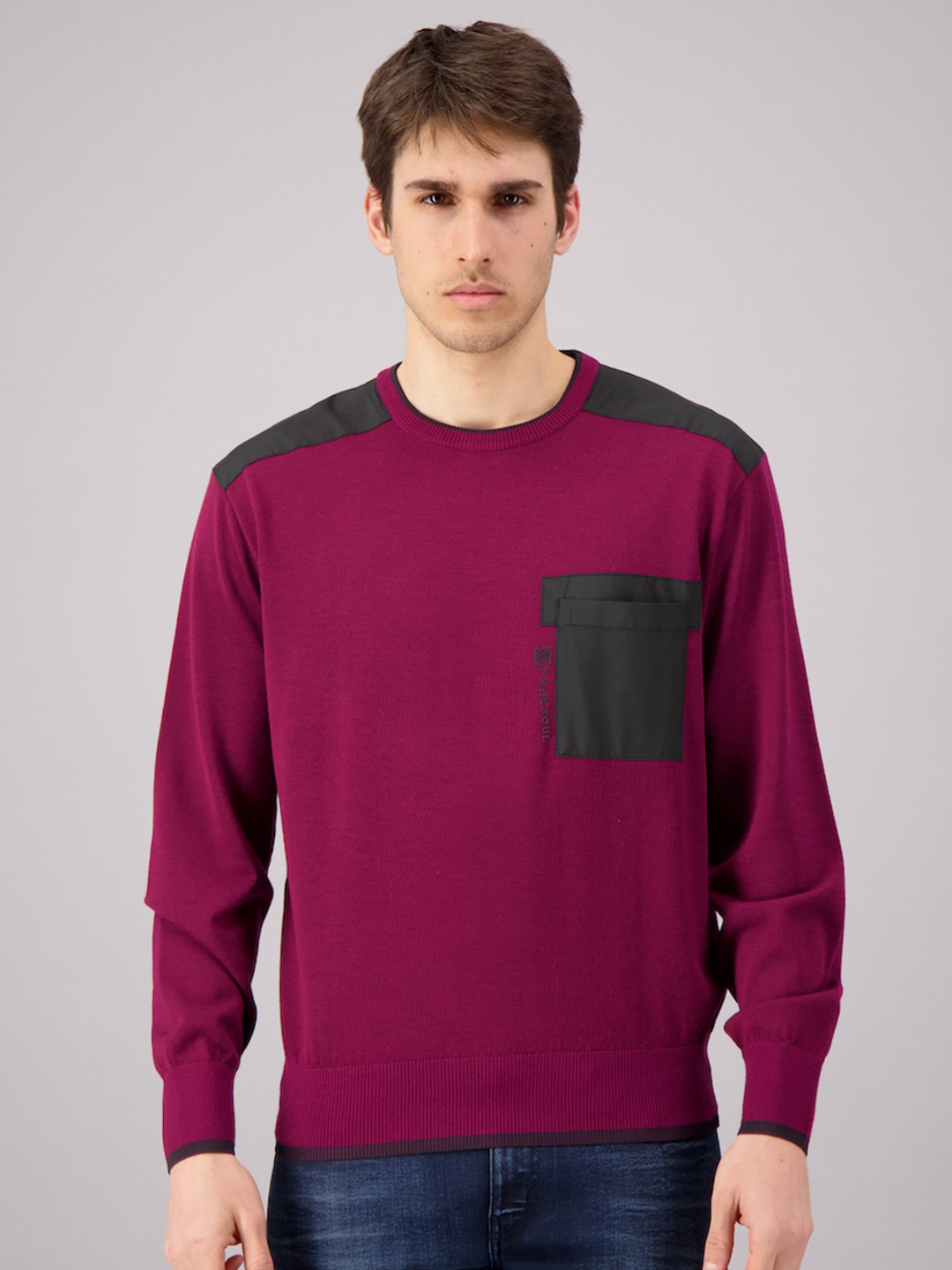 

FREESOUL Men Magenta & Charcoal Colourblocked Pullover