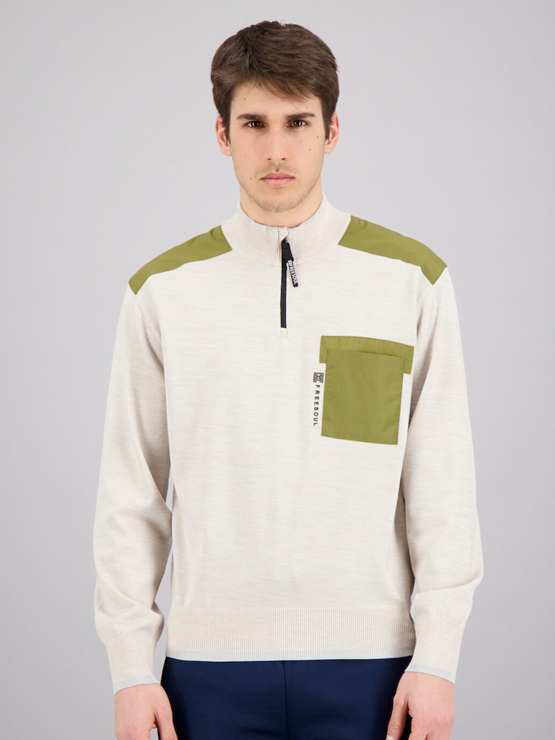 

FREESOUL Men Beige & Green Pullover