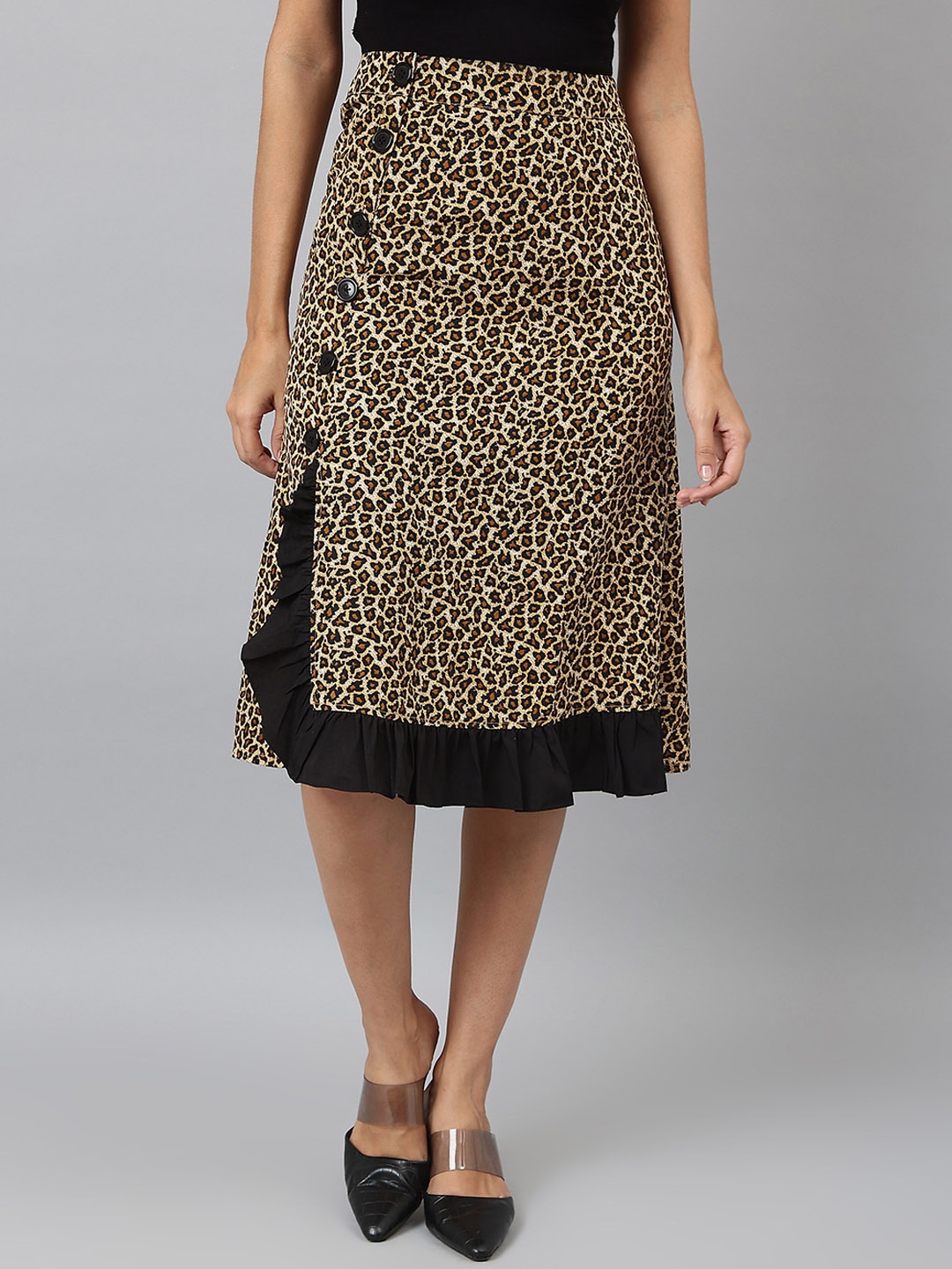 

DEEBACO Women Brown & Black Animal Printed A-Line Skirt