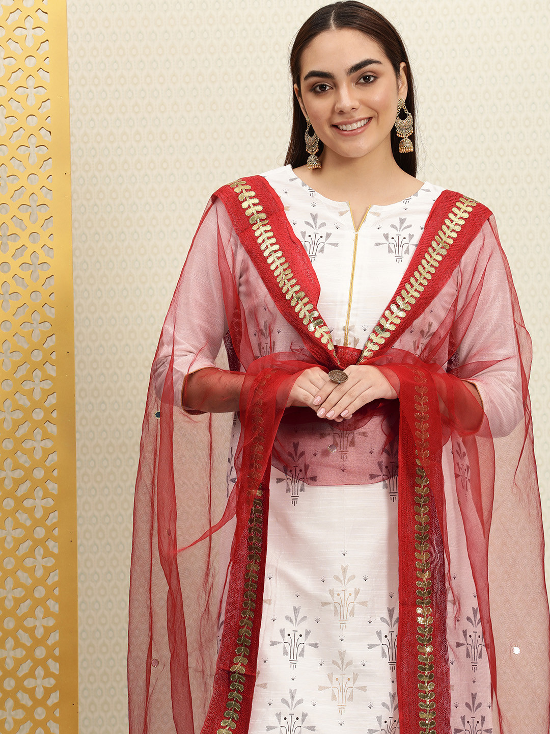 

House of Pataudi Red & Golden Ethnic Motifs Mirror Work Jashn Dupatta