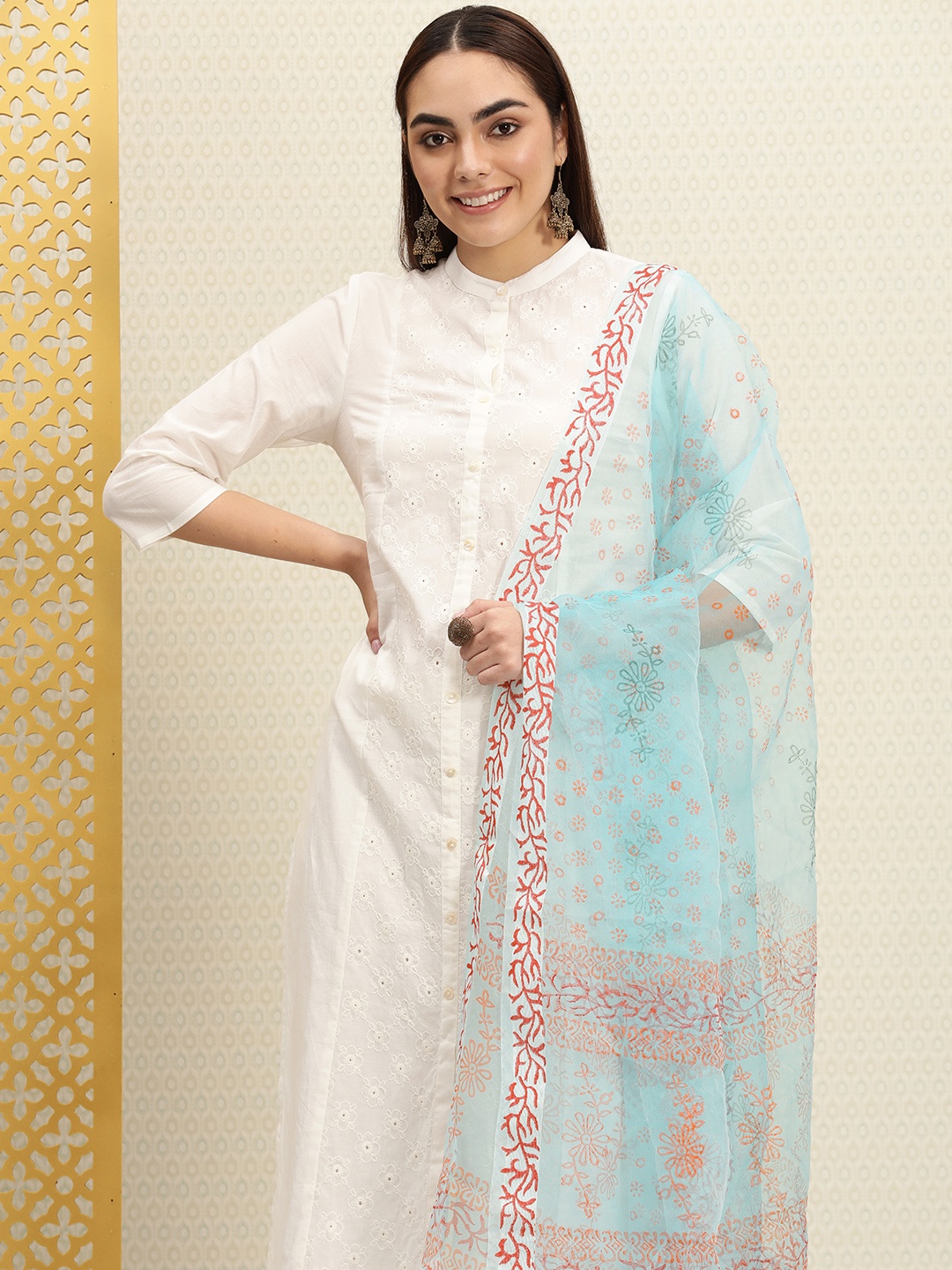 

House of Pataudi Blue & Orange Printed Rozana Dupatta
