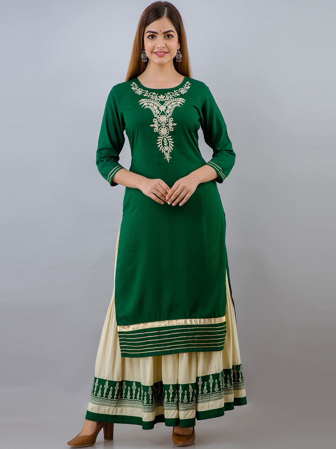 

SKY SHOPPIE Women Green Floral Embroidered Kurta with Skirt & Dupatta