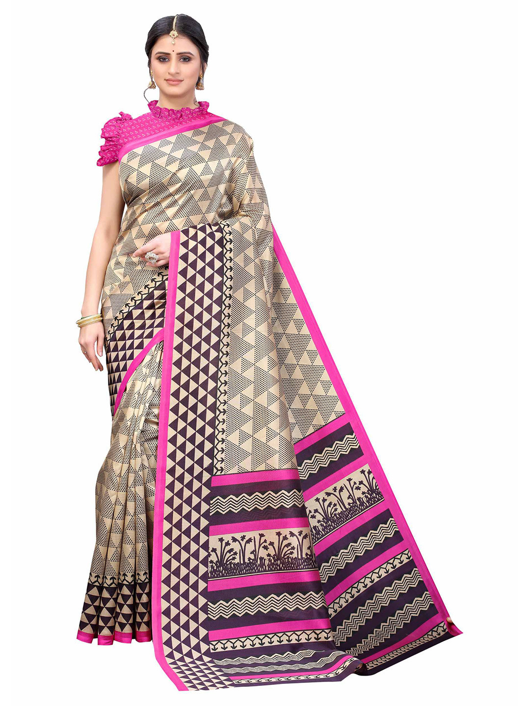 

AADVIKA Beige & Pink Printed Art Silk Saree