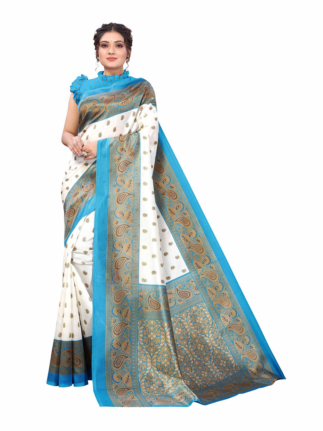 

AADVIKA Blue & White Floral Art Silk Mysore Silk Saree