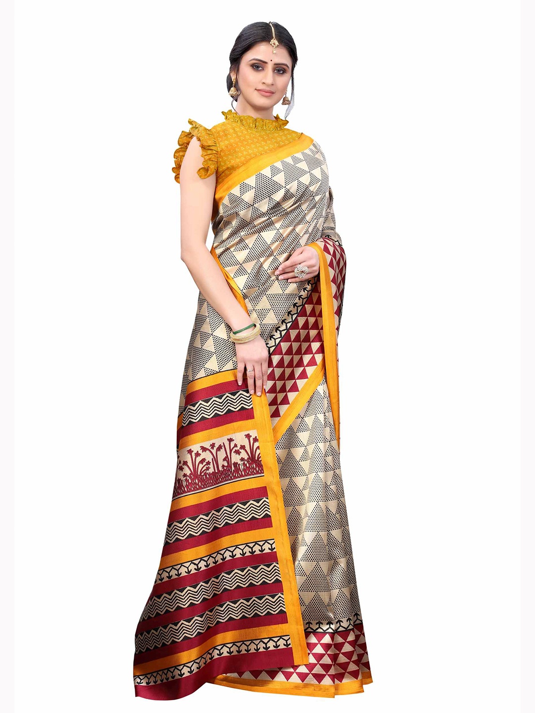 

AADVIKA Beige & Yellow Printed Art Silk Saree