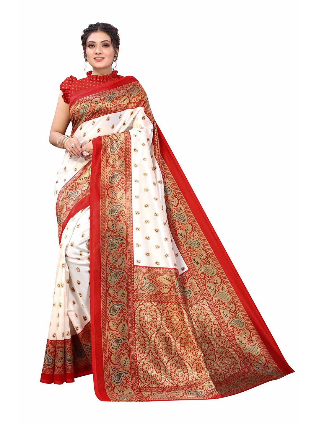 

AADVIKA Red & White Ethnic Motifs Art Silk Mysore Silk Saree