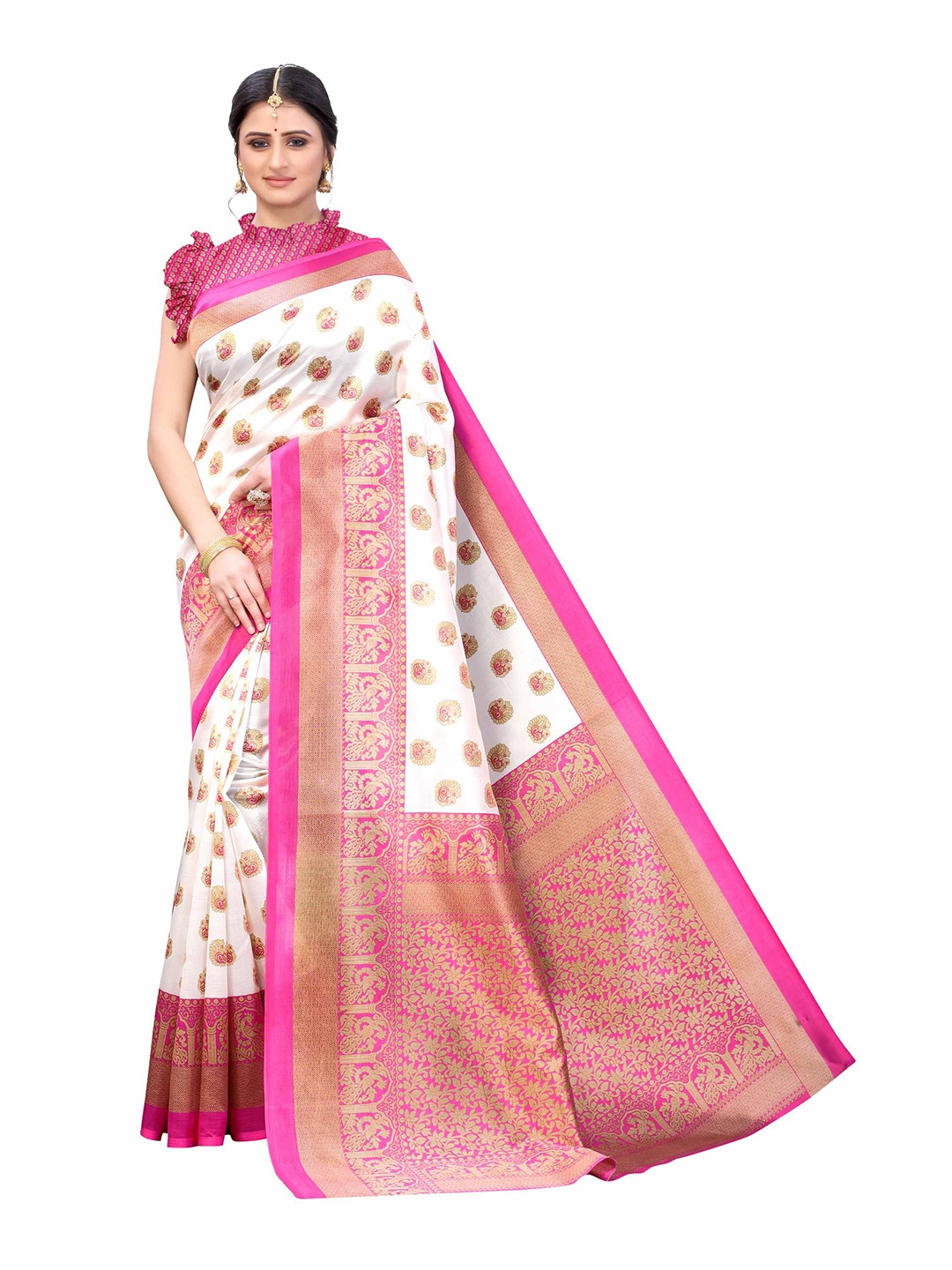 

AADVIKA Women Pink Floral Printed Mysore Silk Saree