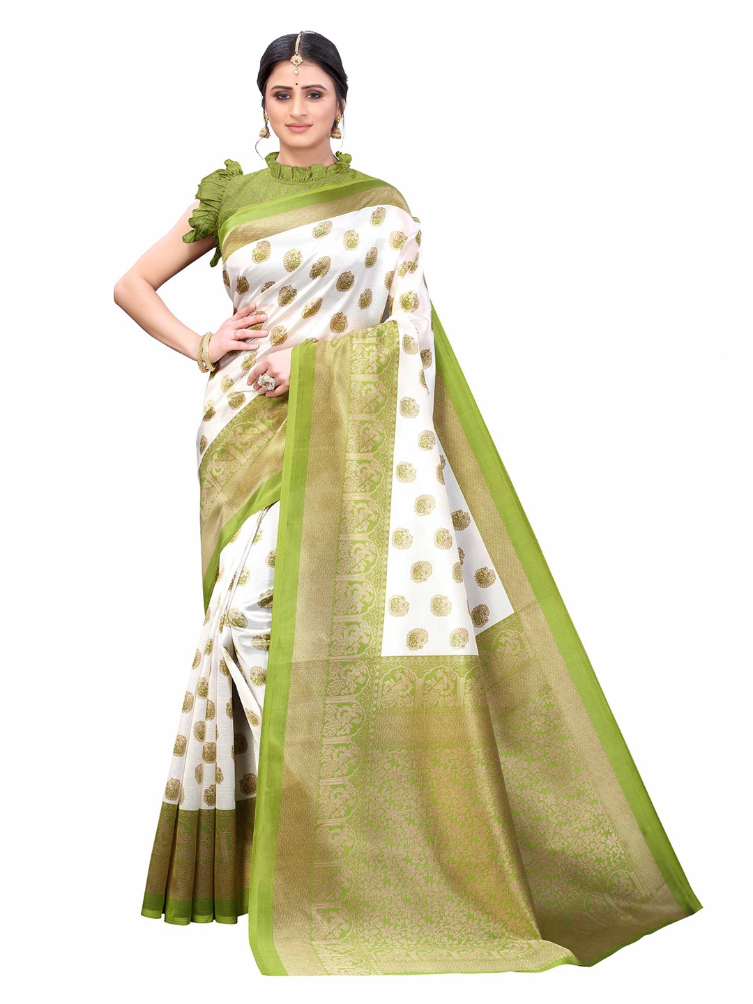 

AADVIKA Green & White Ethnic Motifs Art Silk Saree