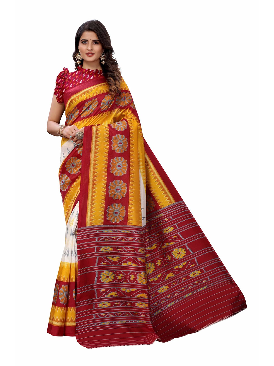 

AADVIKA Mustard & Red Ethnic Motifs Art Silk Saree