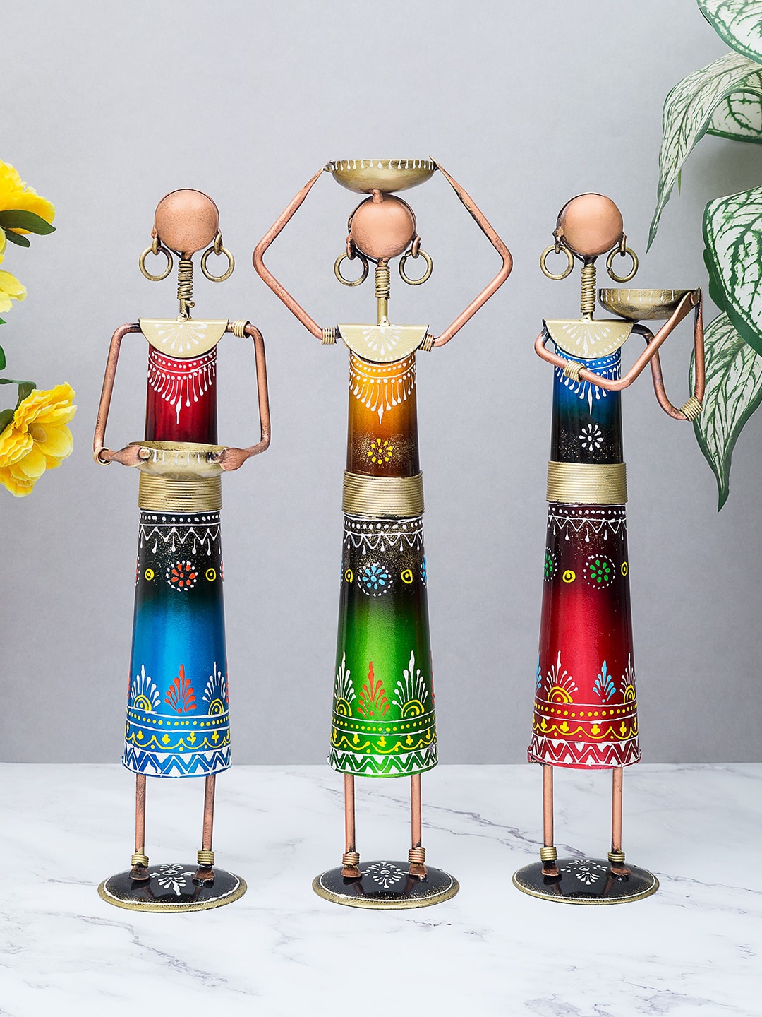 

Golden Peacock Set Of 3 Blue & Green Rajasthani Working Lady Figurine Showpieces