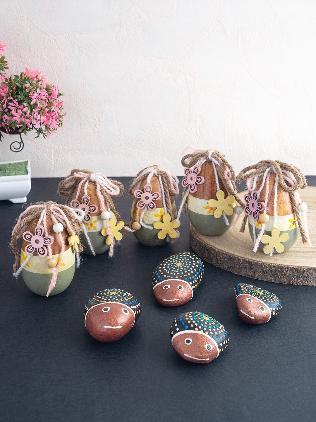 Golden Peacock Set Of 9 Hand Painted Easter Egg & Pebbles Rock Stone, Brown