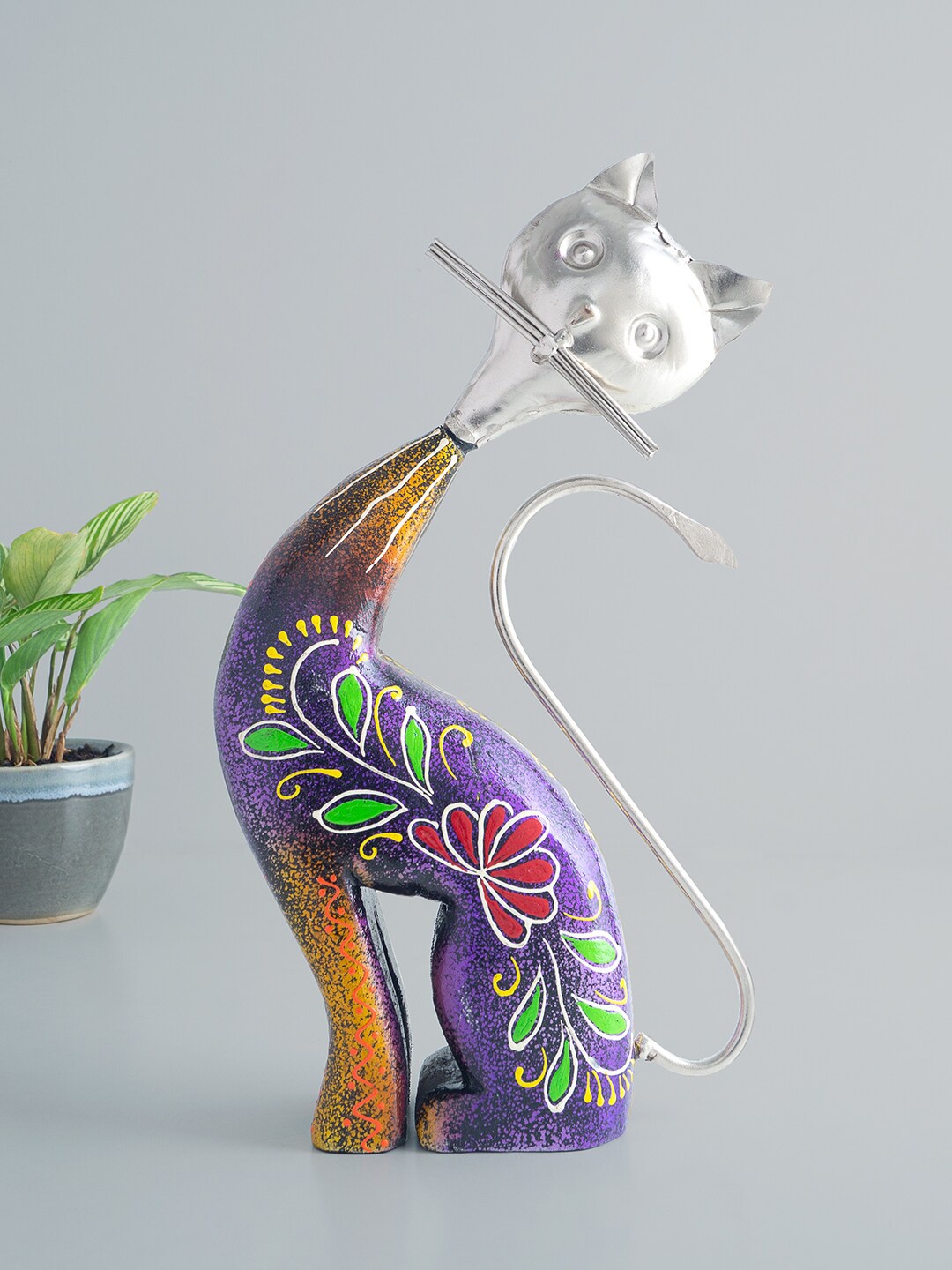 

Golden Peacock Silver-Toned & Purple Cat Decorative Showpiece