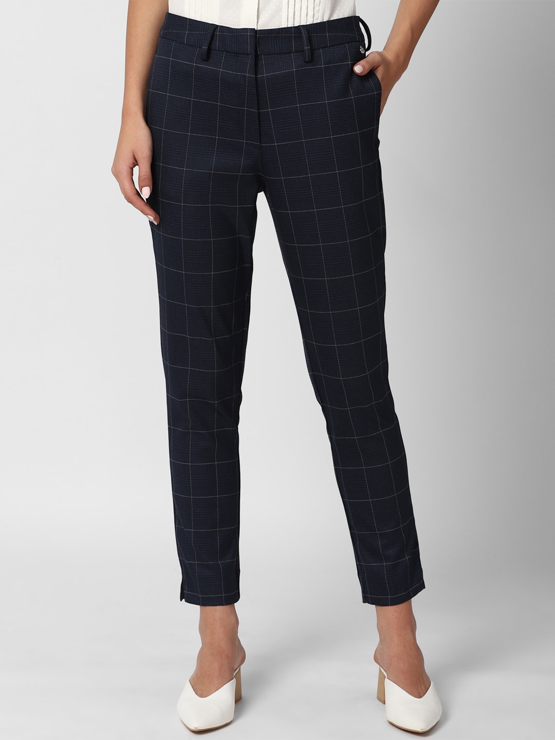 

Van Heusen Woman Women Navy Blue Checked Slim Fit Trousers