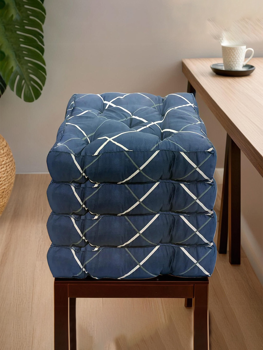 

Kuber Industries Pack of 4 Blue Printed Microfiber Square Chair Pad