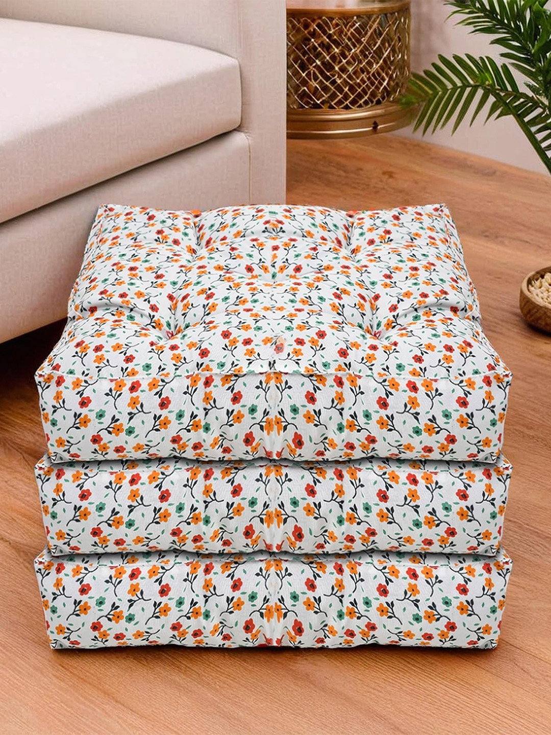 

KUBER INDUSTRIES White Orange Set of 3 Floral Printed Square Chair Pads