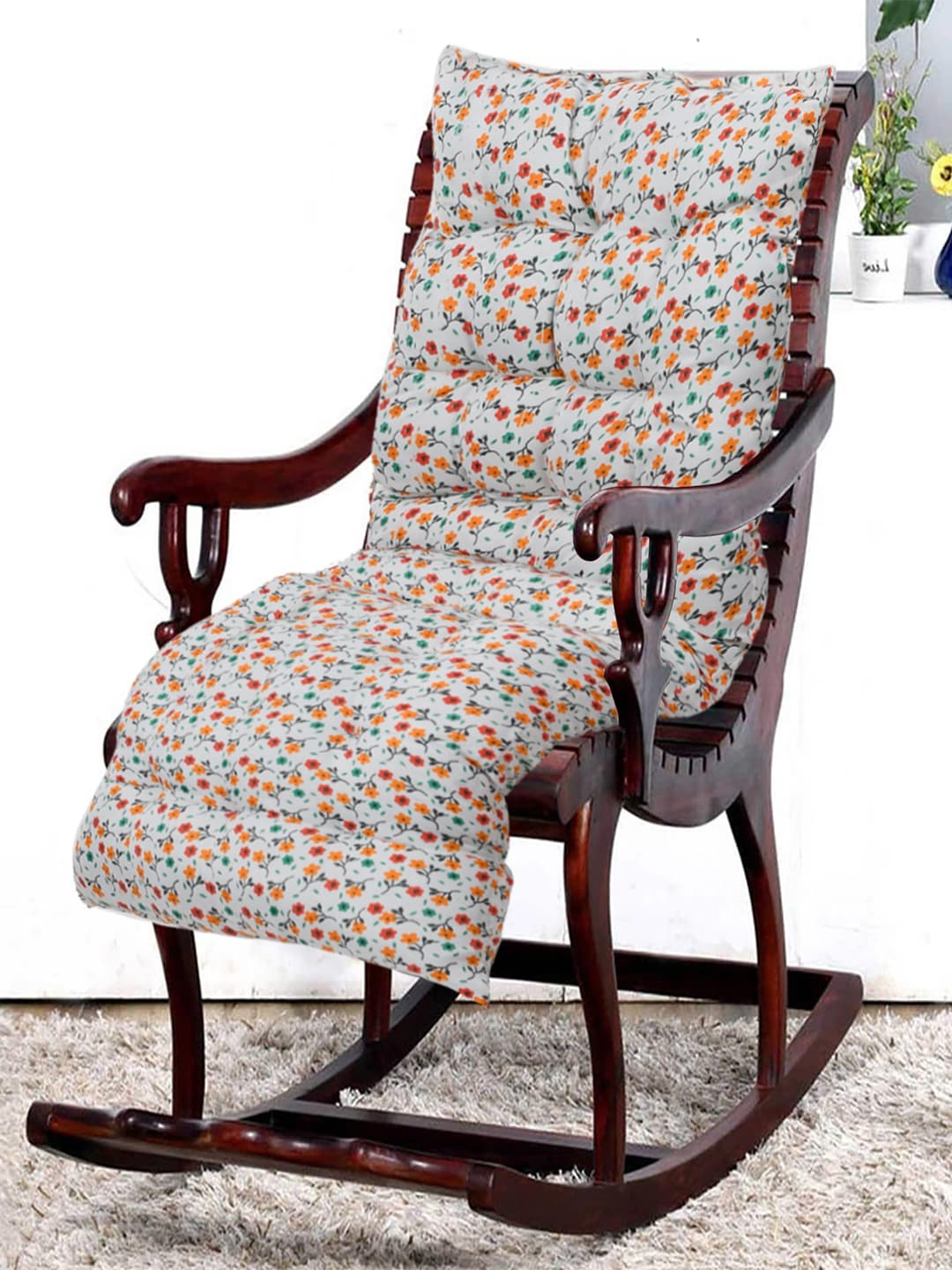 

Kuber Industries White Flower Printed Microfiber Long Chair Pad With Ties