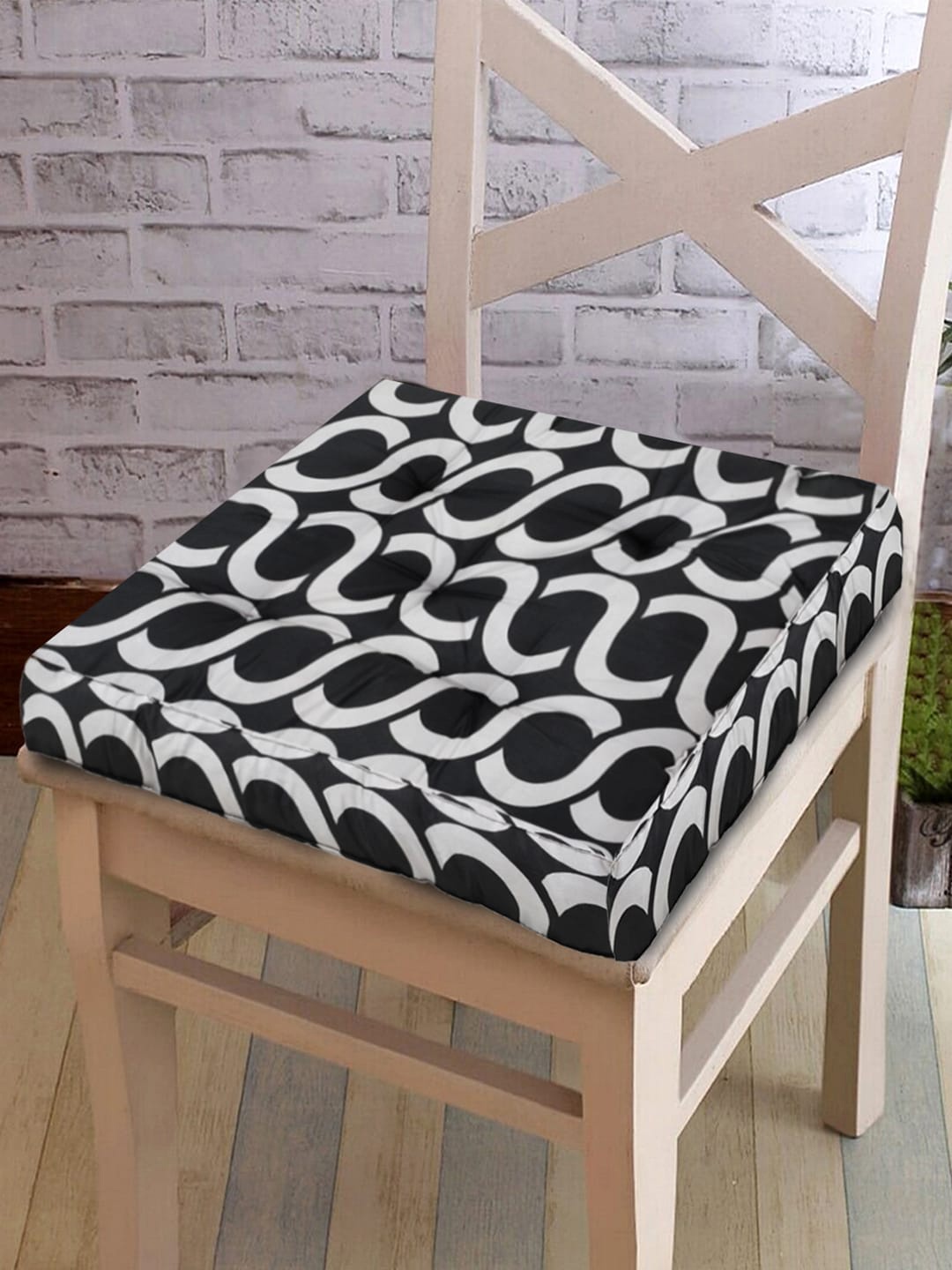 

Kuber Industries Set of 3 Black & White Geometric Print Microfiber Square Chair Pads