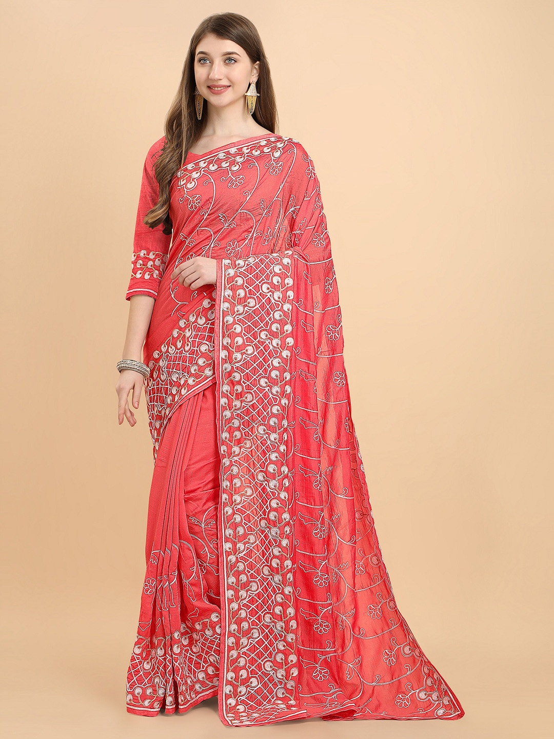 

Iris Pink & White Floral Embroidered Silk Cotton Saree