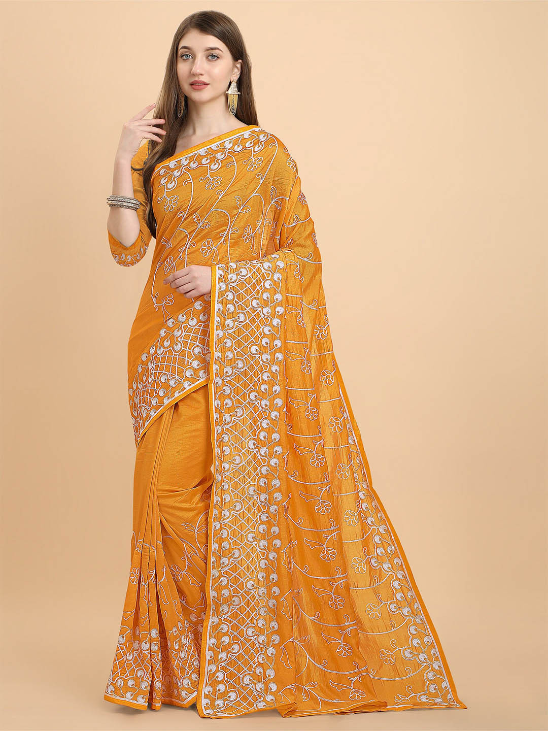 

Iris Yellow & White Floral Embroidered Silk Cotton Saree