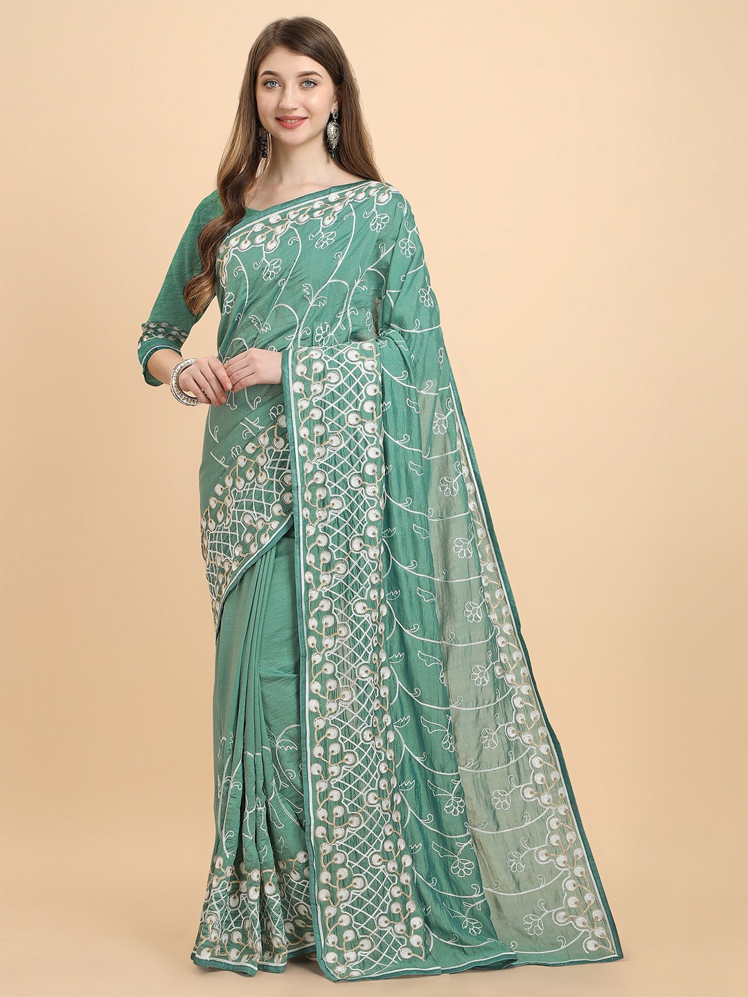 

Iris Women Sea Green Floral Embroidered Cotton Silk Saree