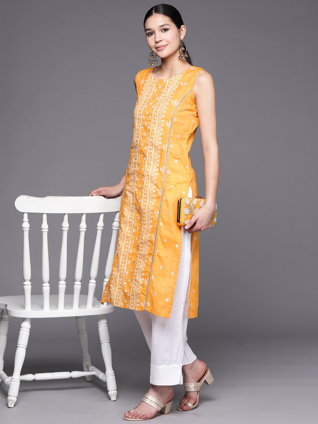 

Ahalyaa Women Printed Pure Cotton Gotta Patti Kurta, Mustard