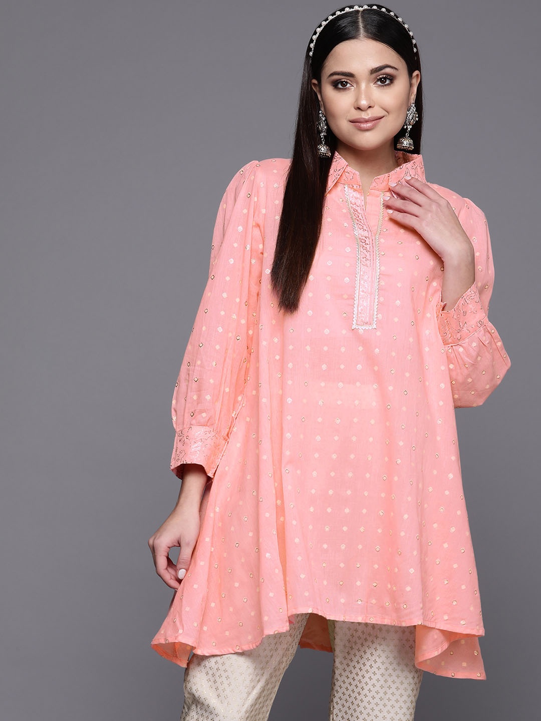 

Ahalyaa Pink Shirt Collar Pure Cotton Printed Tunic