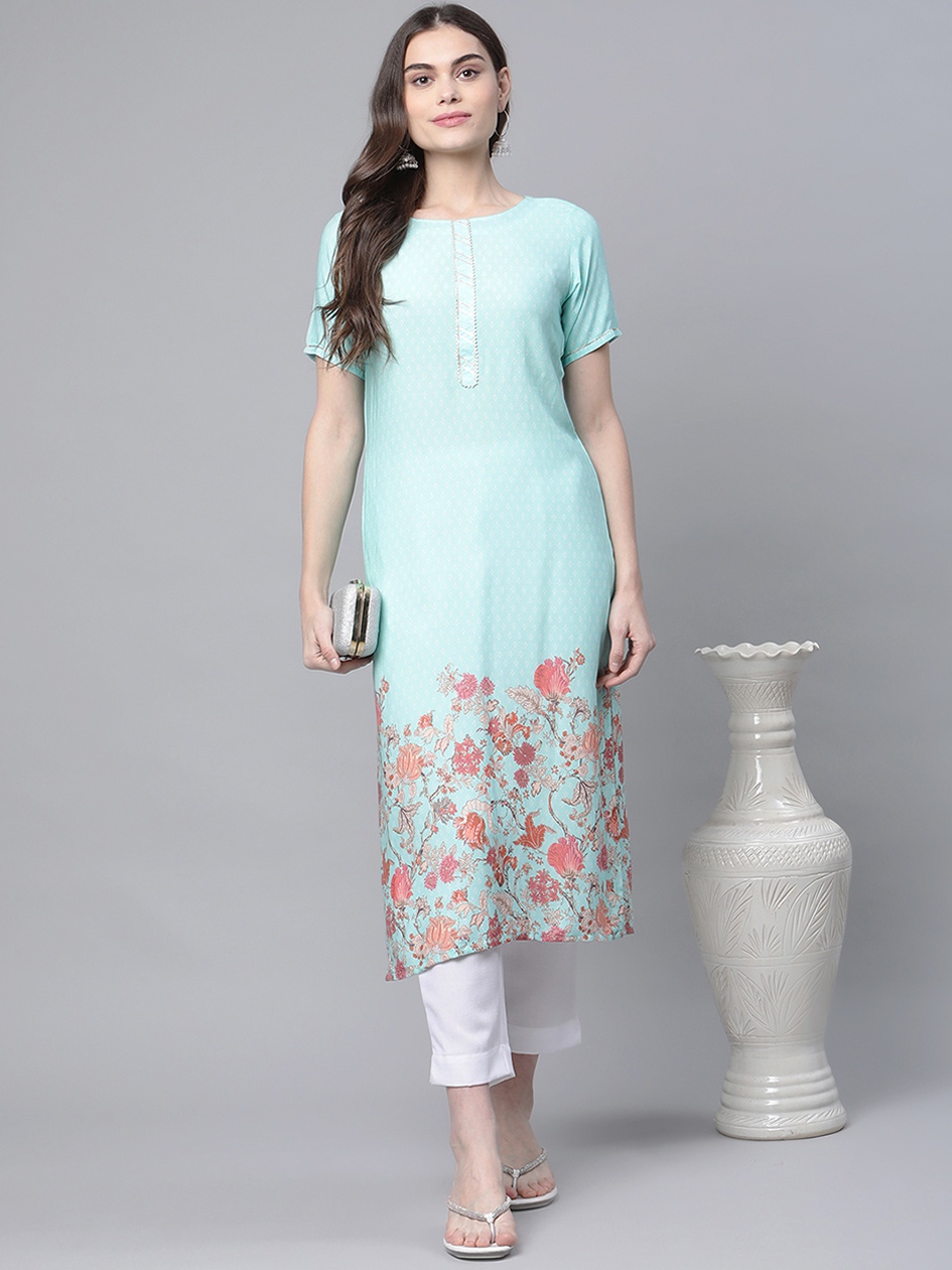 

Ahalyaa Women Blue Floral Printed Rayon Kurta with Trousers