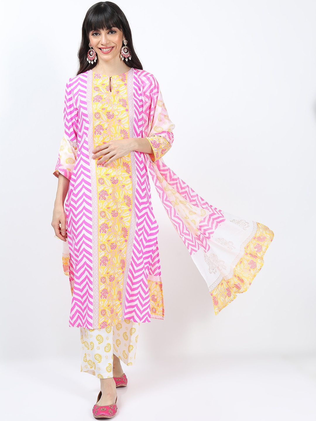 Vishudh Women Pink Printed Kurta with Trousers & With Dupatta