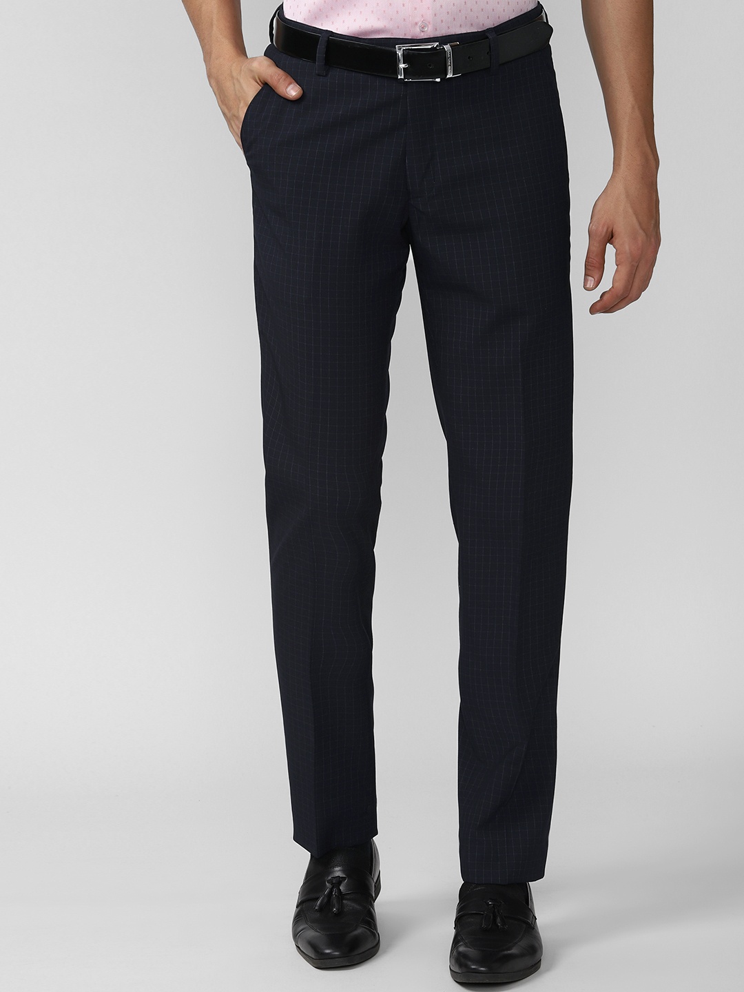 

Peter England Men Checked Neo Slim Fit Formal Trousers, Navy blue