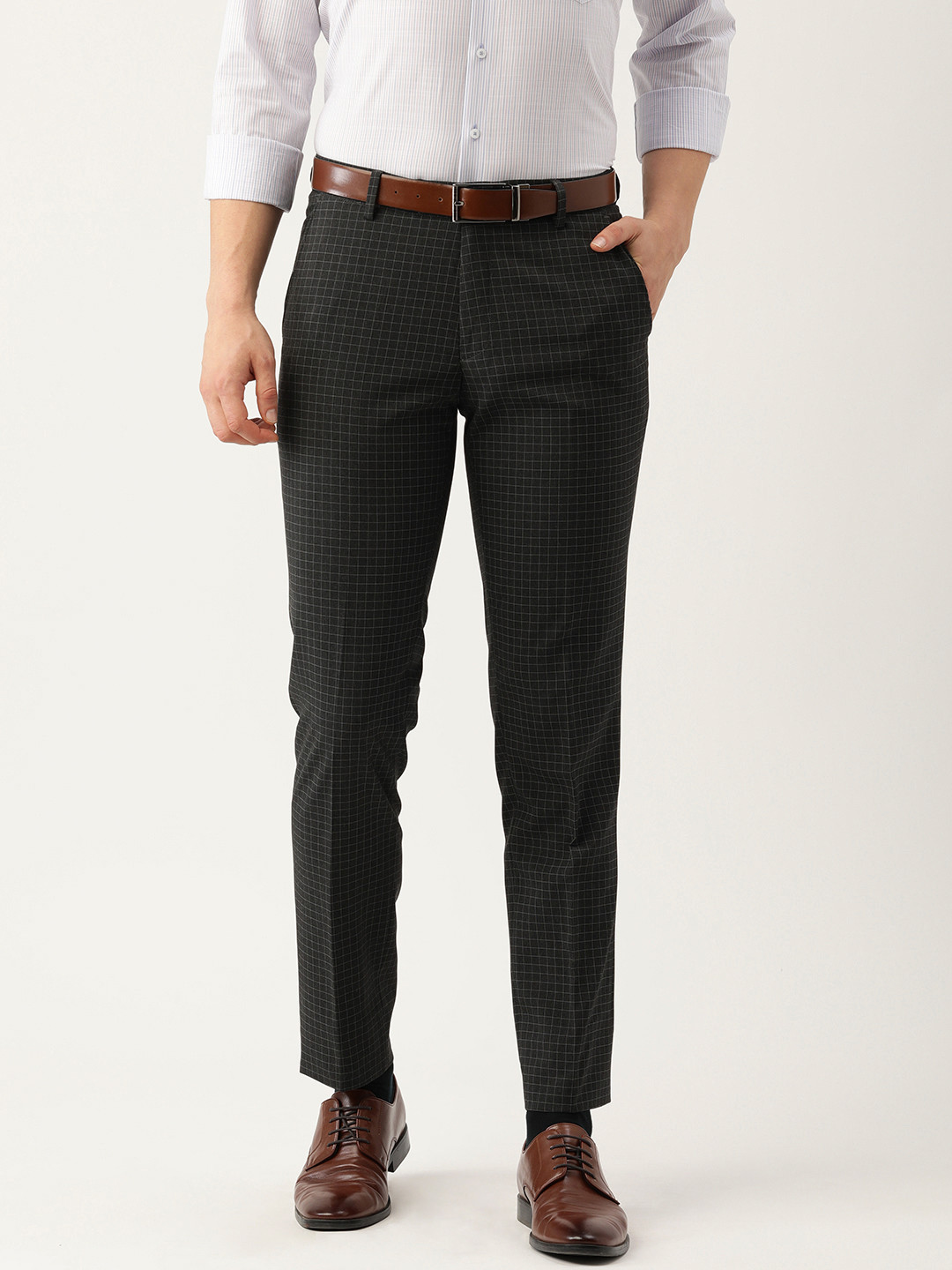

Peter England Men Charcoal Grey Checked Neo Slim Fit Formal Trousers
