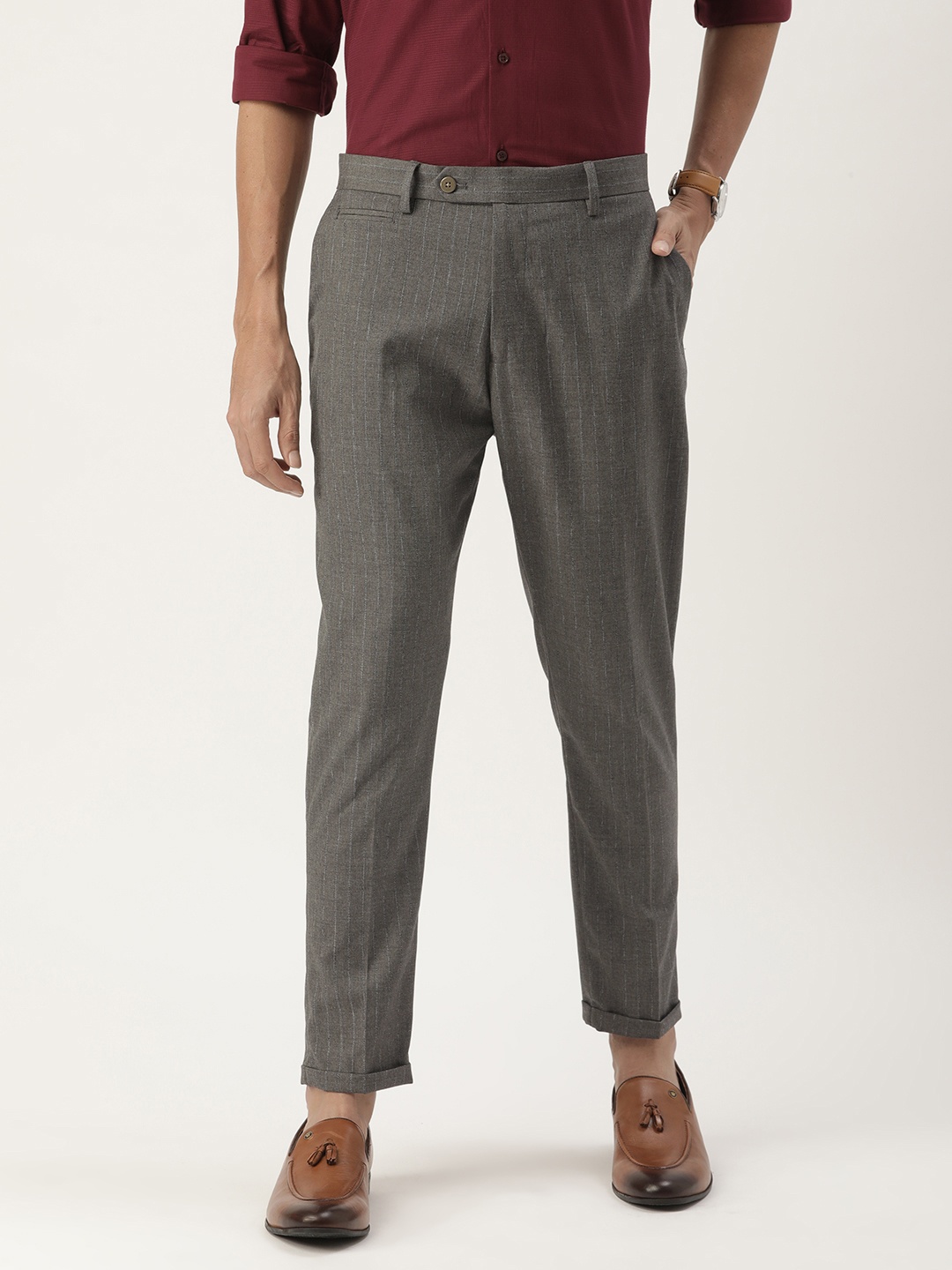 

Peter England Men Grey Striped Carrot Fit Trousers