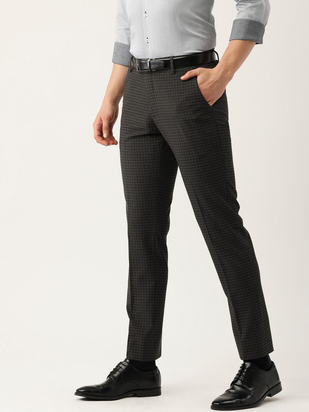 

Peter England Men Charcoal Grey Checked Neo Slim Fit Formal Trousers