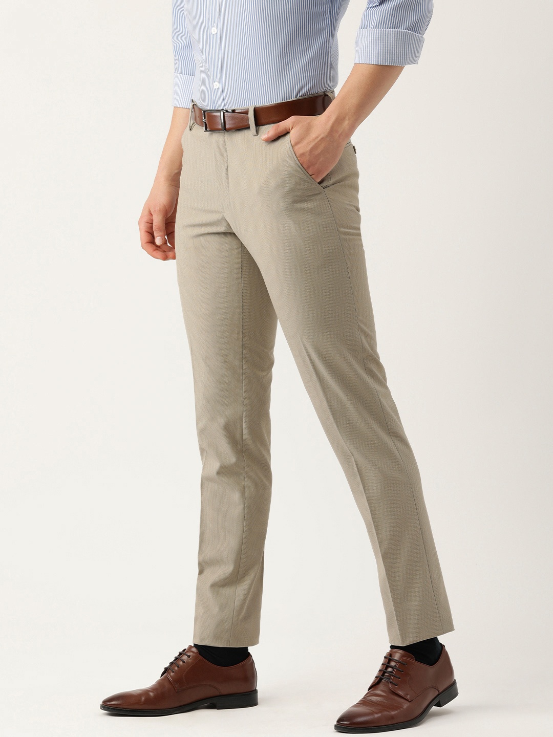 

Peter England Men Cream-Coloured Textured Slim Fit Formal Trousers