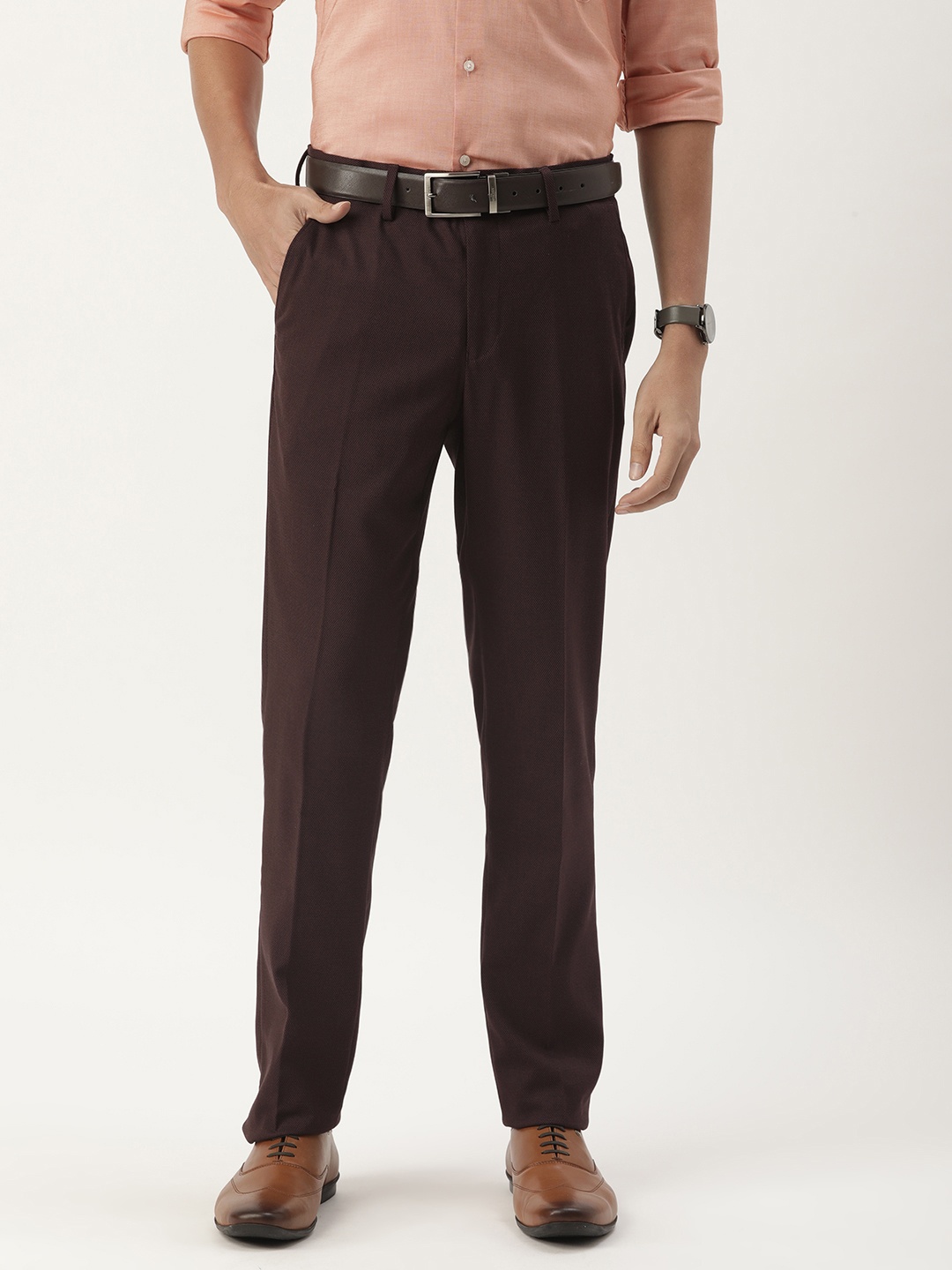 

Peter England Men Maroon Textured Slim Fit Trousers