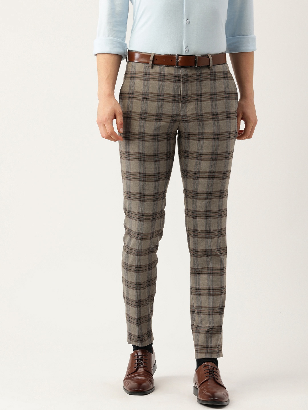 

Peter England Men Maroon And Grey Checked Slim Fit Formal Trousers